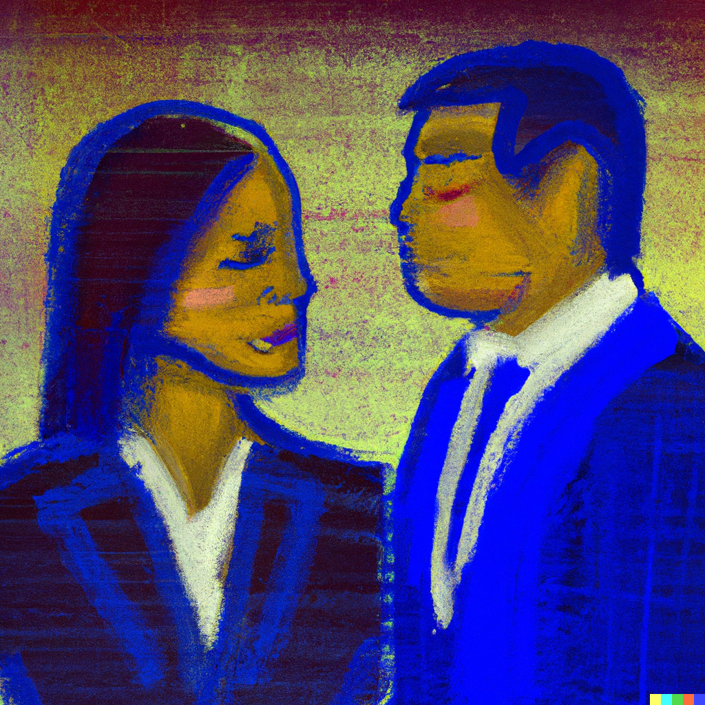 Immagine rappresentativa di due manager in giacca e cravatta, uno donna l'altro uomo, con un età approssimativa di 40 anni, in stile impressionista